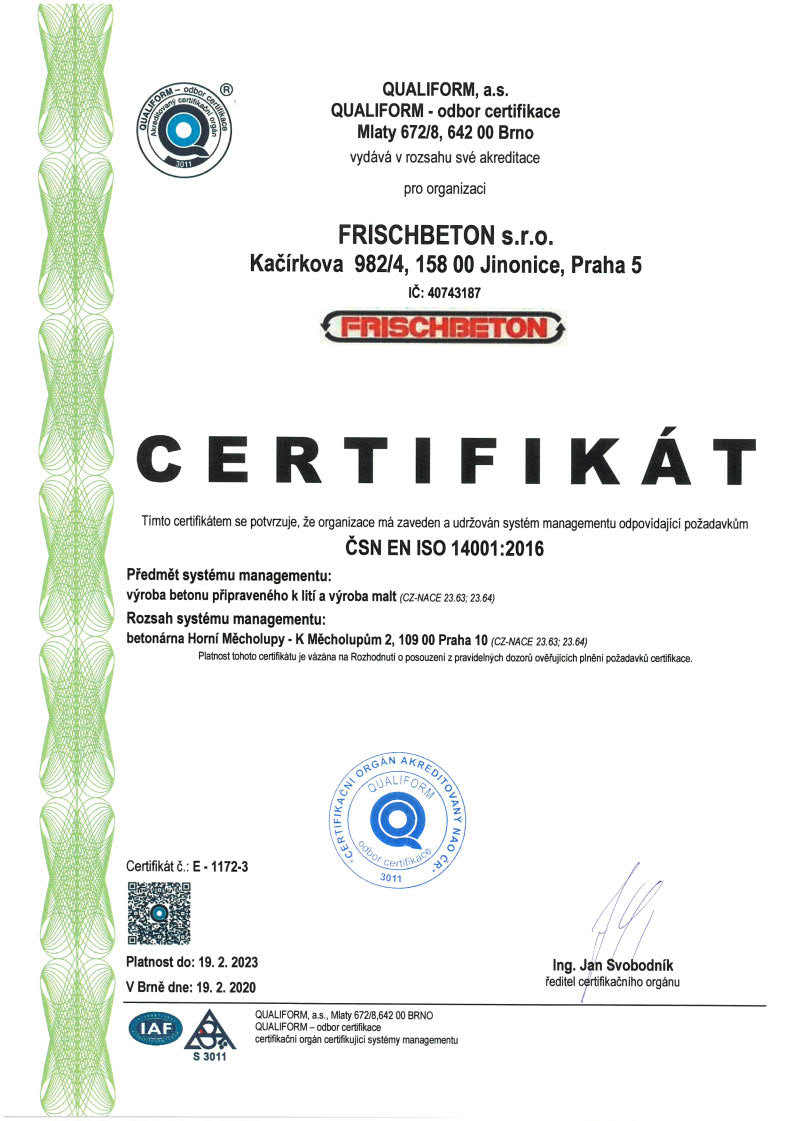 Úspěšná re-certifikace systému environmentálního managementu dle ČSN EN ISO 14001:2016 na betonárně Praha – Horní Měcholupy